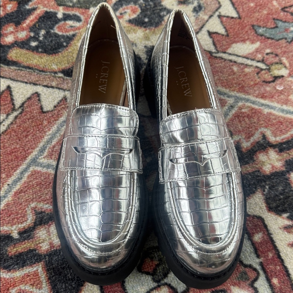 J Crew Winona Lug Sole Platform Silver Croc Embossed Loafers Metallic $228 - Picture 3 of 5